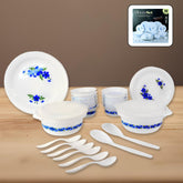 Premium 36-piece plastic dinner set with vibrant blue floral pattern
