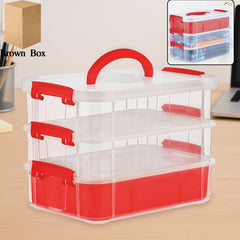 3-layer transparent plastic storage box with handle and red locking clips