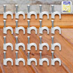 Close-up of steel nail grip on plastic cable clip
