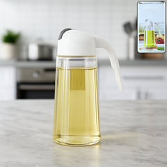 Glass oil bottle dispenser with automatic lid and spout