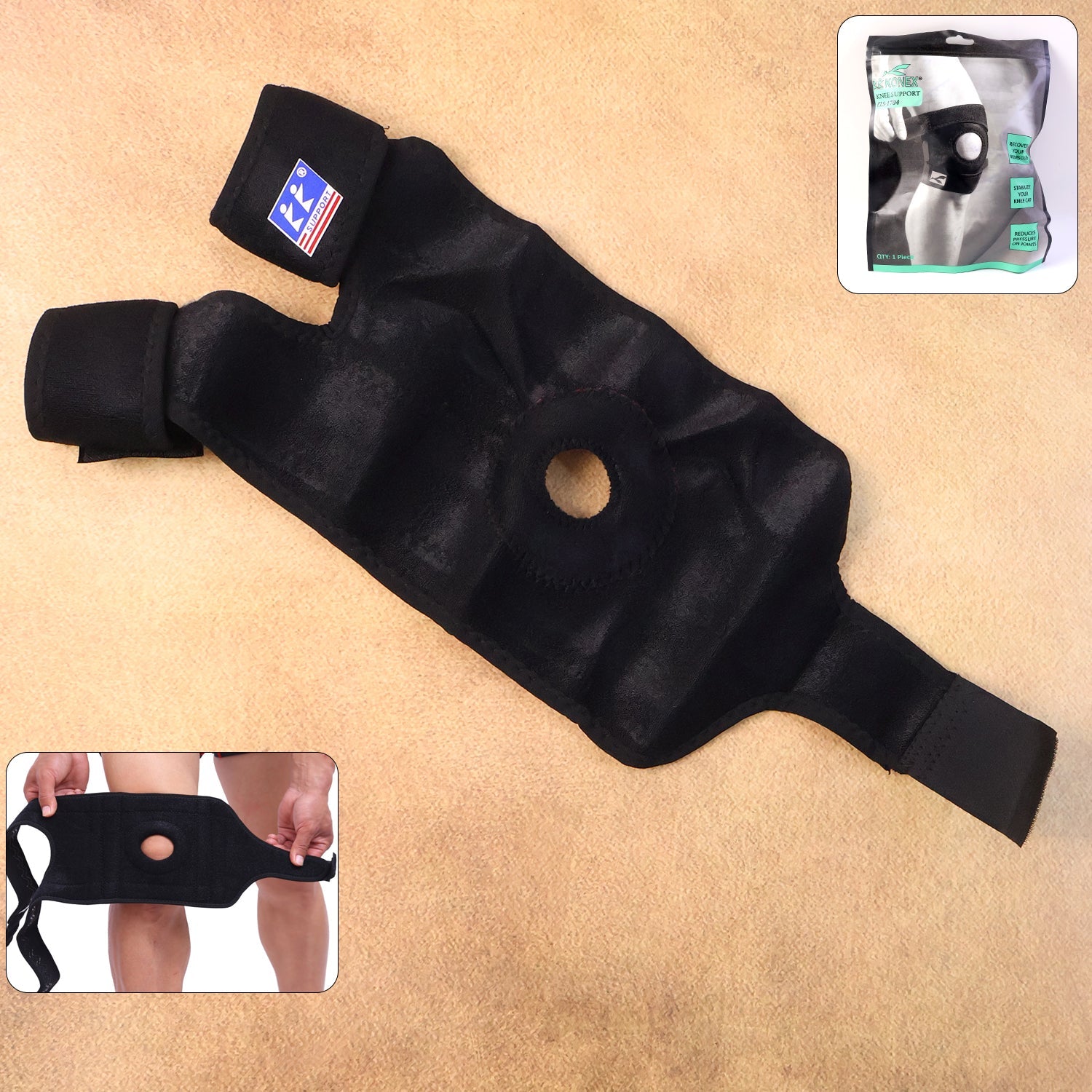 Adjustable elastic knee support brace with patella hole