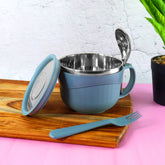 Dusty blue insulated Apex Hot-X Noodle Soup Bowl with lid and utensils