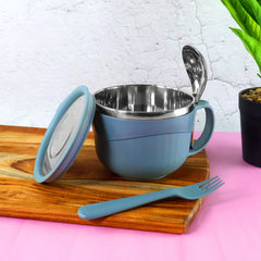 Dusty blue insulated Apex Hot-X Noodle Soup Bowl with lid and utensils