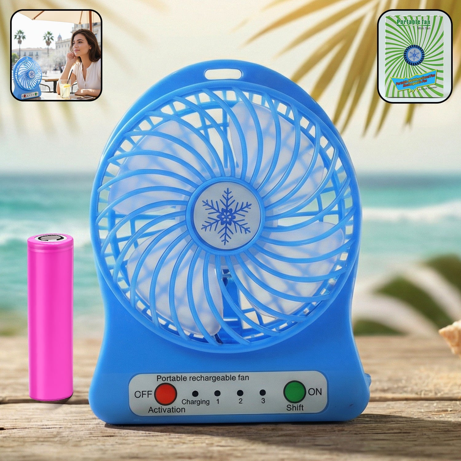 Portable mini table fan with LED light and battery
