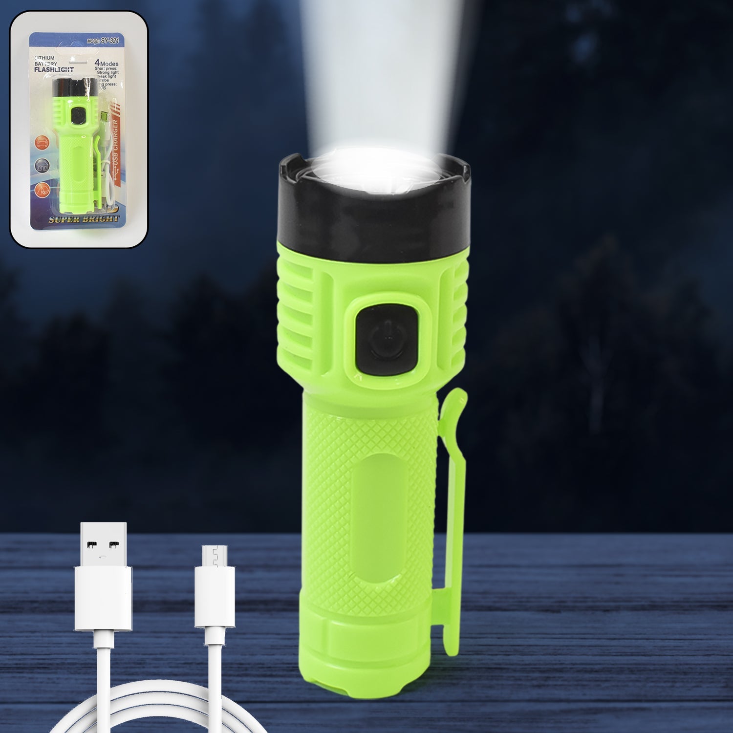 4-Mode Super Bright LED USB Rechargeable Flashlight Torch front view