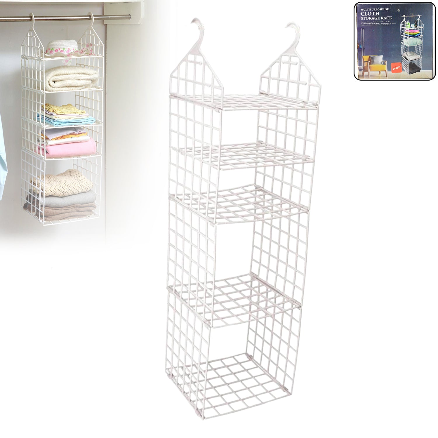 Front view of multipurpose 5-layer folding clothes storage rack