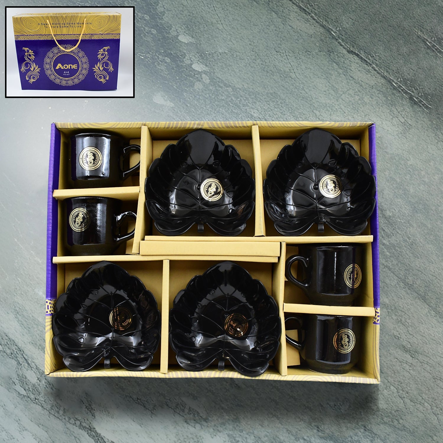 A One Ceramic Tea Cups with Leaf-Shaped Serving Bowls