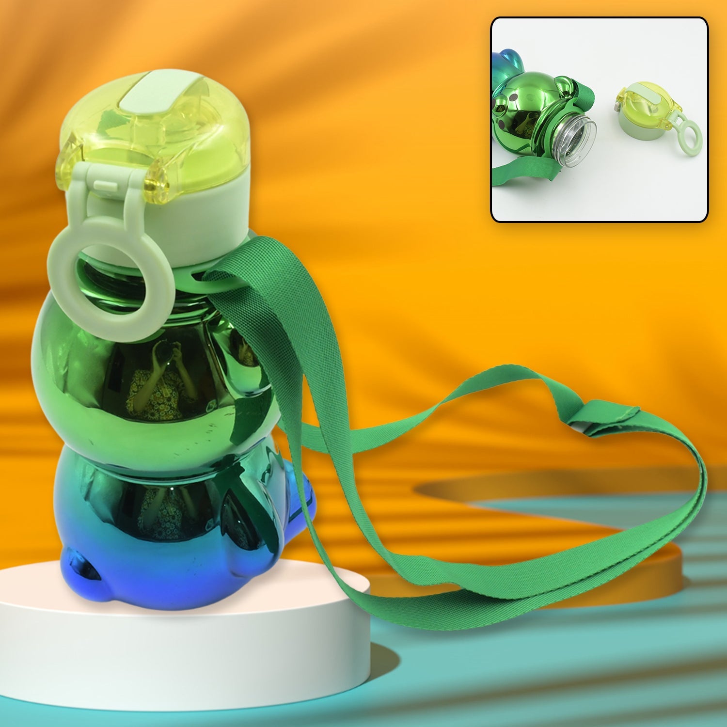 Cute plastic water bottle with strap and stickers front view