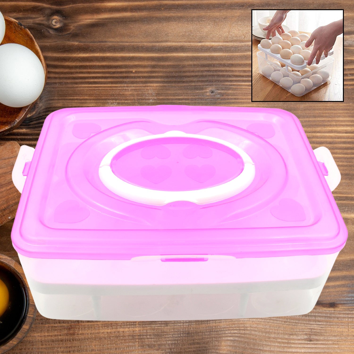 Two-layer 32-grid egg tray with lid and handle, top view