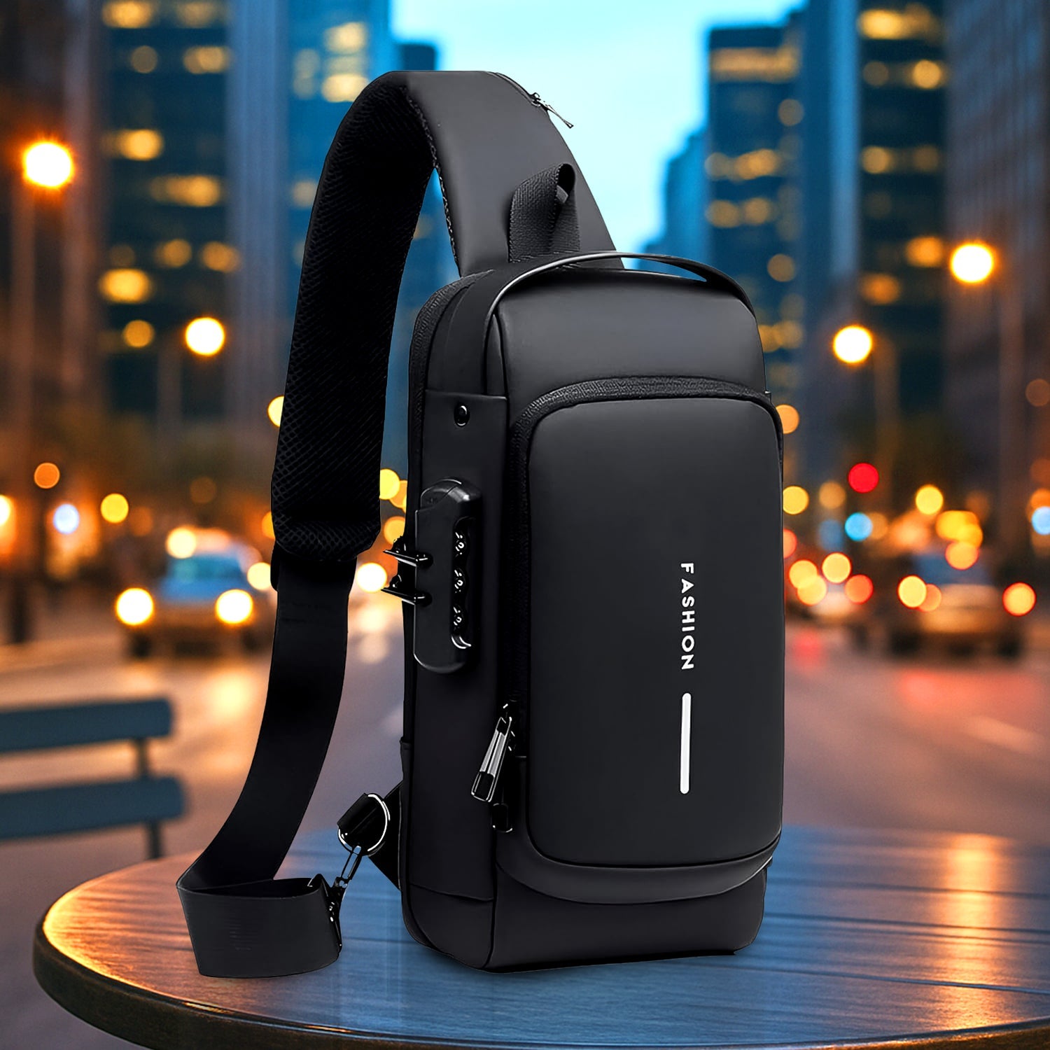 Anti-Theft Crossbody Sling Bag in black with USB charging port