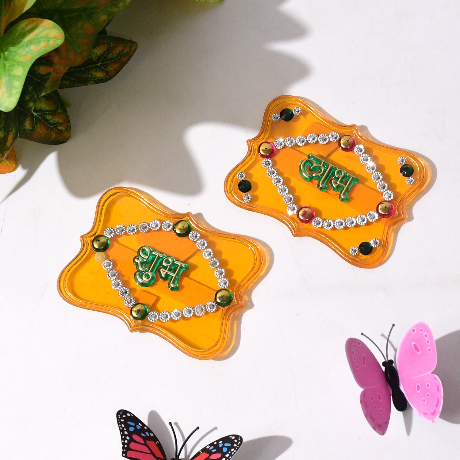 Close-up of Shubh Labh wall hanging set with glitter & stone work