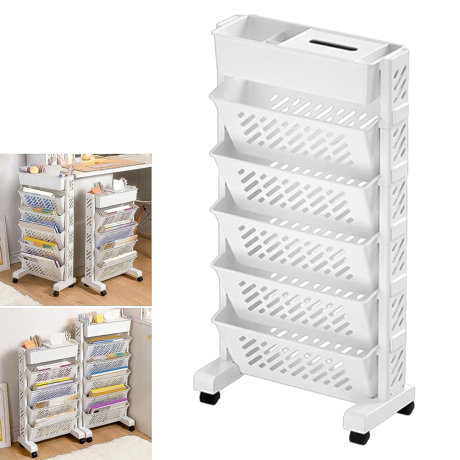 Large 5-tier movable plastic bookshelf with wheels