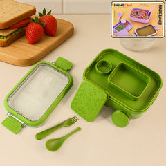 Magic lunch box with leakproof compartments and spoon-fork set