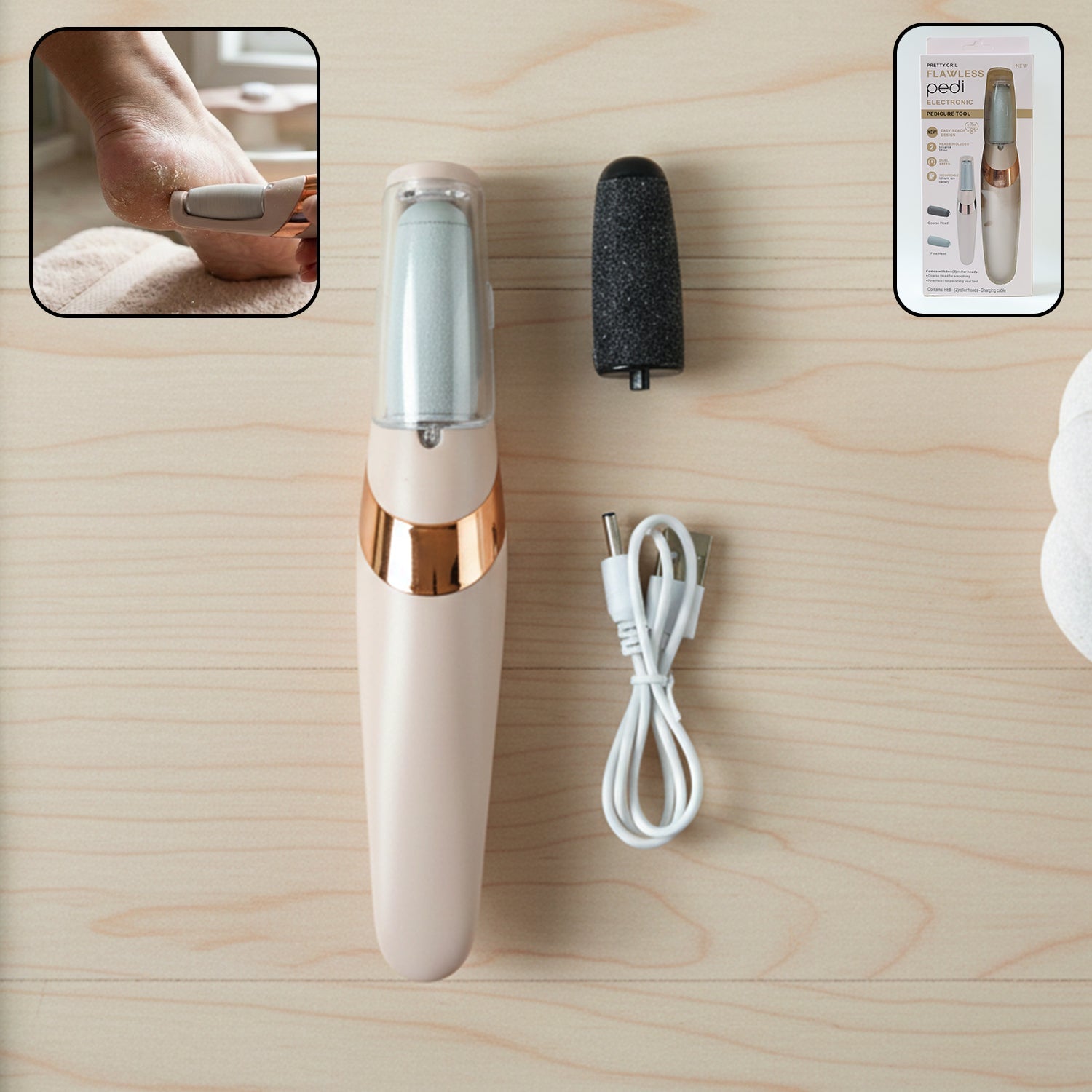 Flewless Pedi electronic pedicure tool with USB charging cord