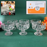 Set of 6 clear glass ice cream bowls on white background