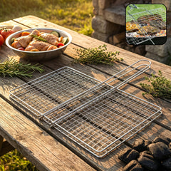 BBQ grill basket holding assorted vegetables and meat
