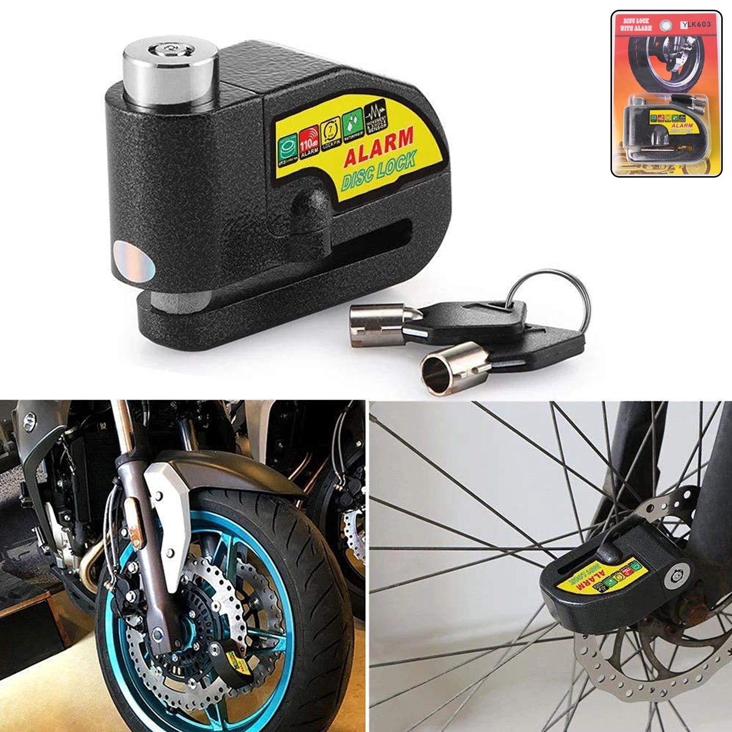 Motorbike alarm disc lock on disc brake