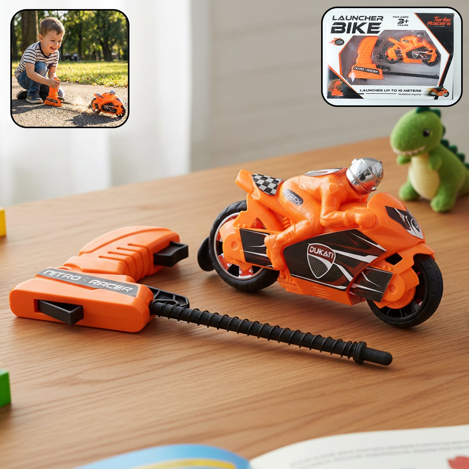 Kids' red racing bike toy with manual pull launcher