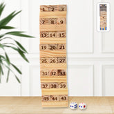 48-piece wooden tumbling tower stacking game set shown assembled