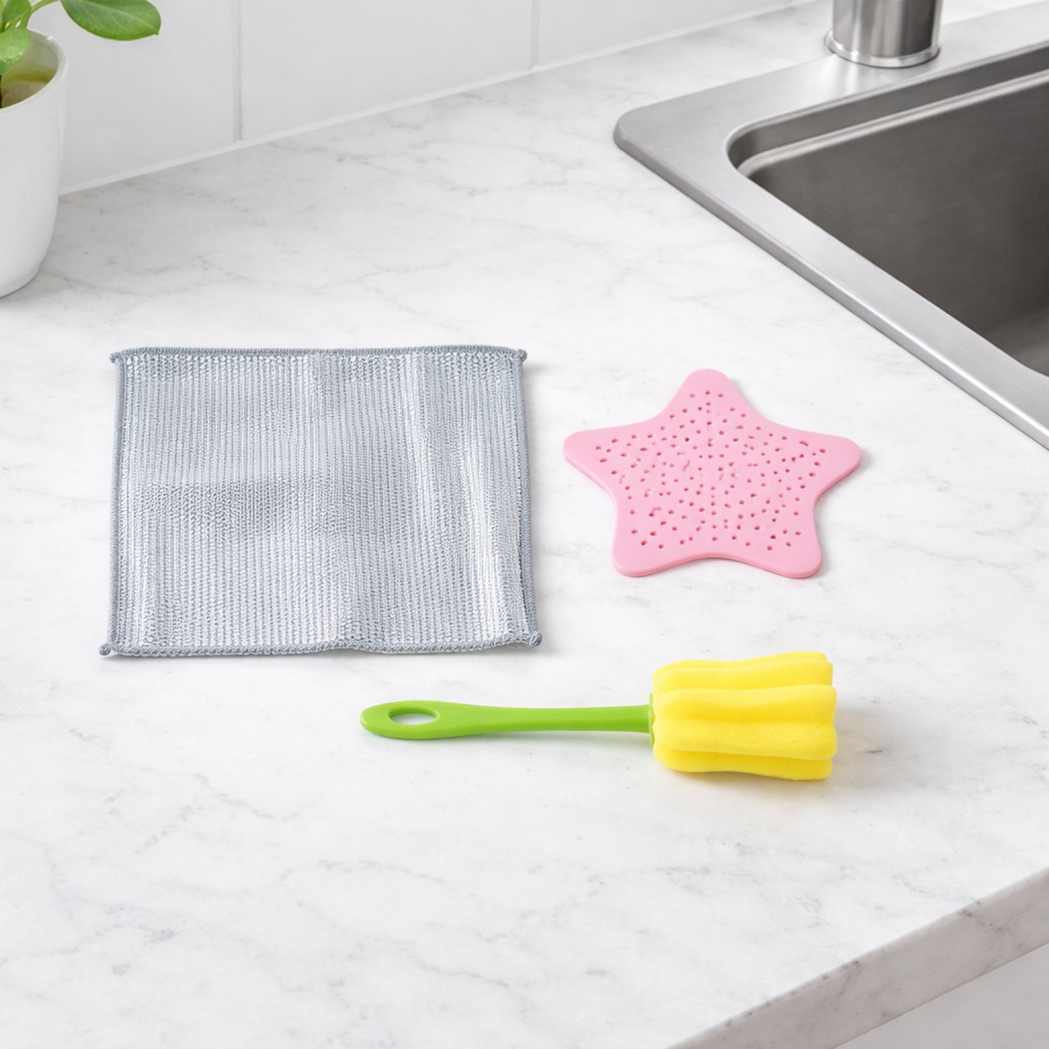 3-in-1 Kitchen Cleaning Set with scrub pad, sink strainer, and bottle brush