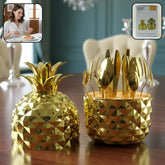 Gold stainless steel cutlery set with pineapple storage stand