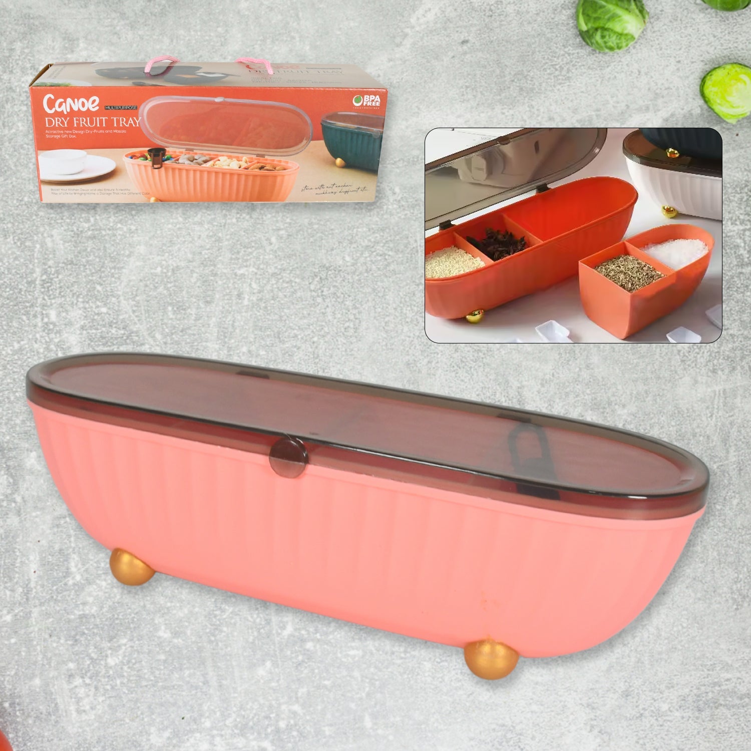 Clear 4-compartment spice box with spoons, lid, & tray