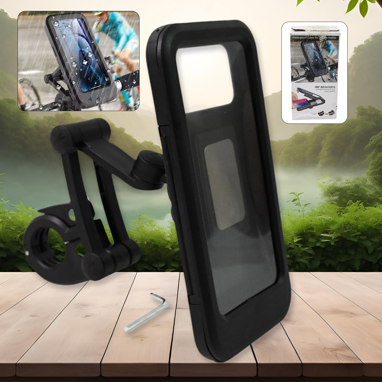 Universal 360° rotating waterproof bike phone mount on handlebar