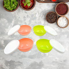 Top view of small round plastic bowls with lids