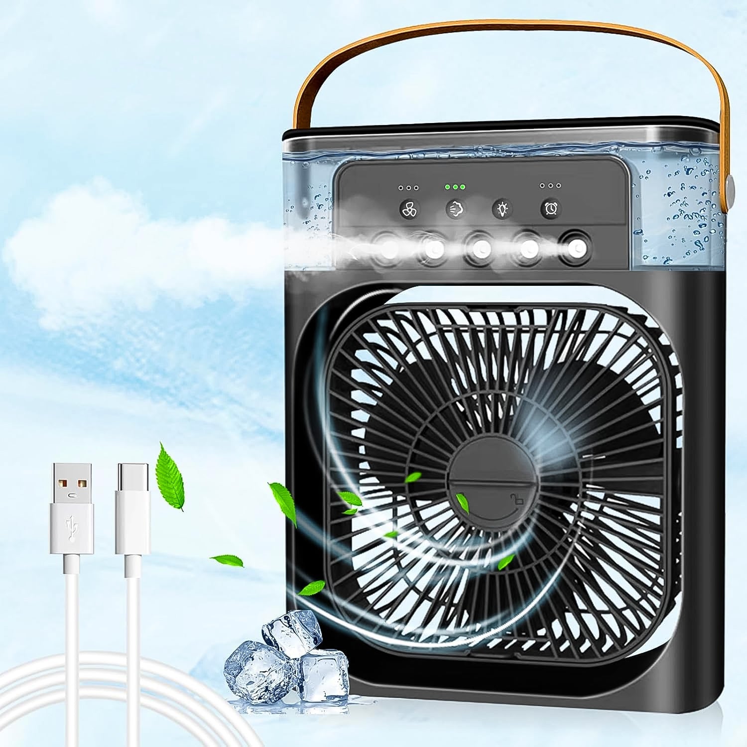 Portable Air Conditioner Fan front view on desk