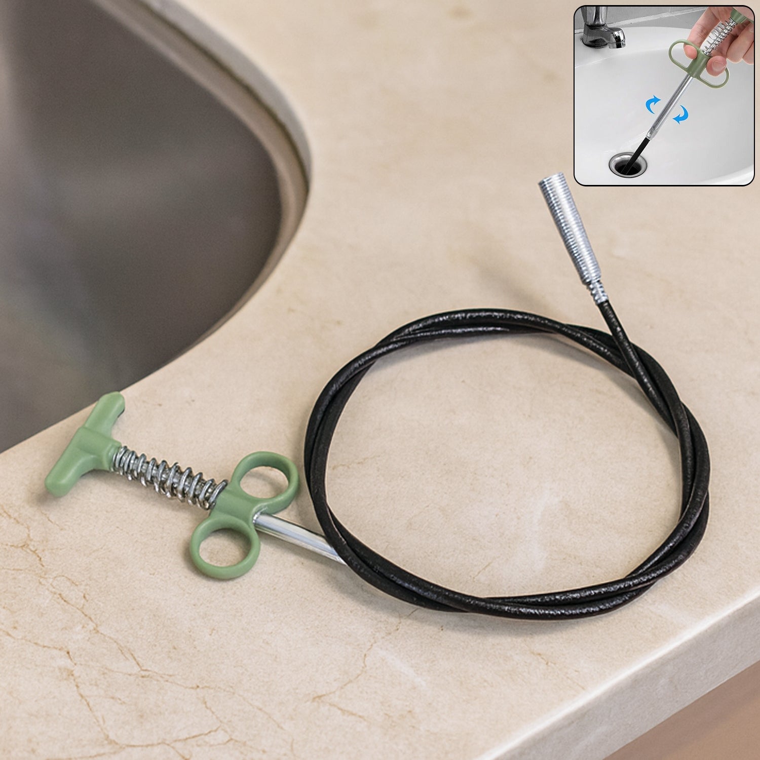 Flexible spring drain cleaning tool with ergonomic hand grip