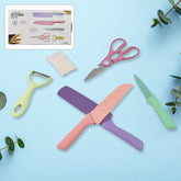 Professional Colorful Kitchen Knives Set in display with blades visible