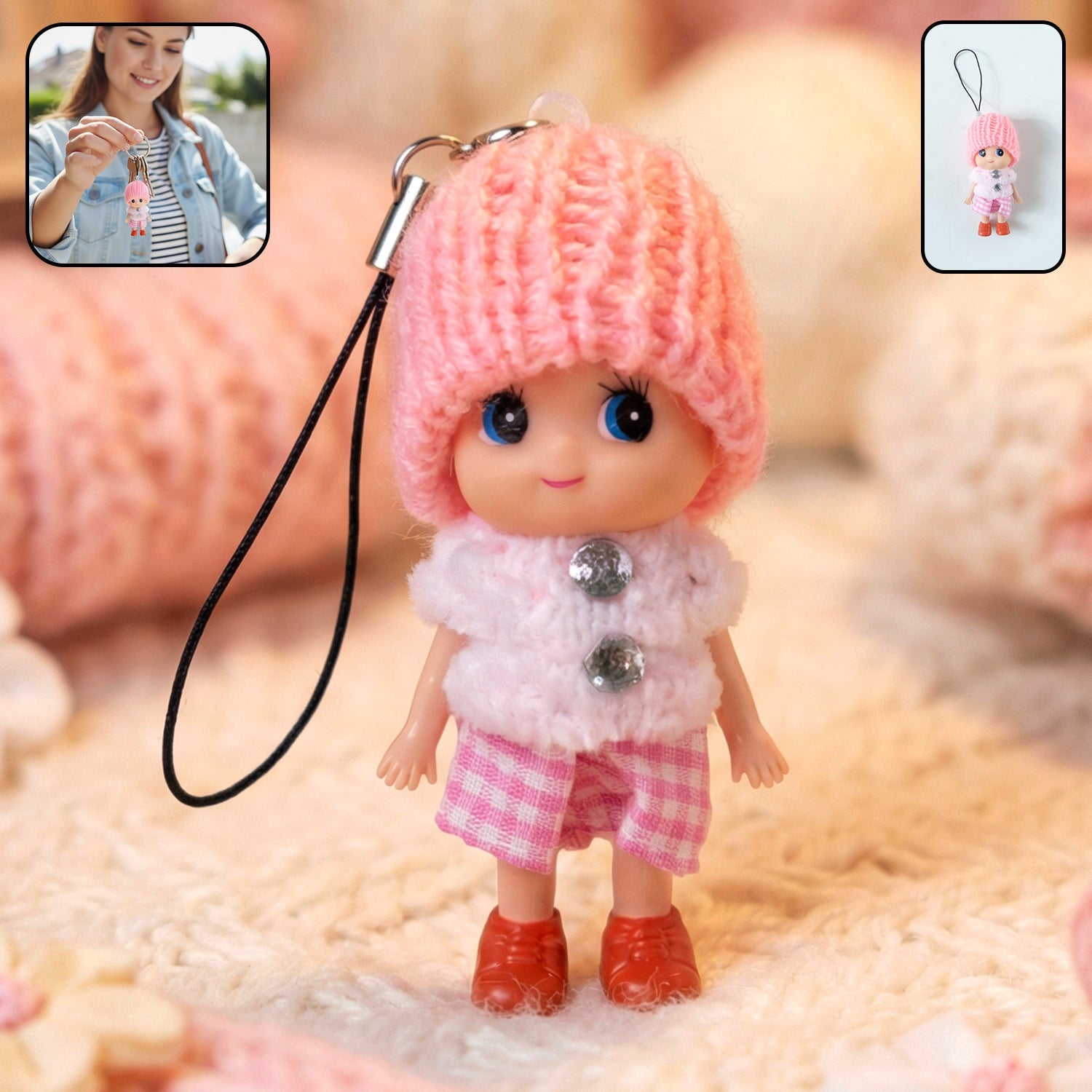 Cute Mini Doll Keychain with Knitted Cap