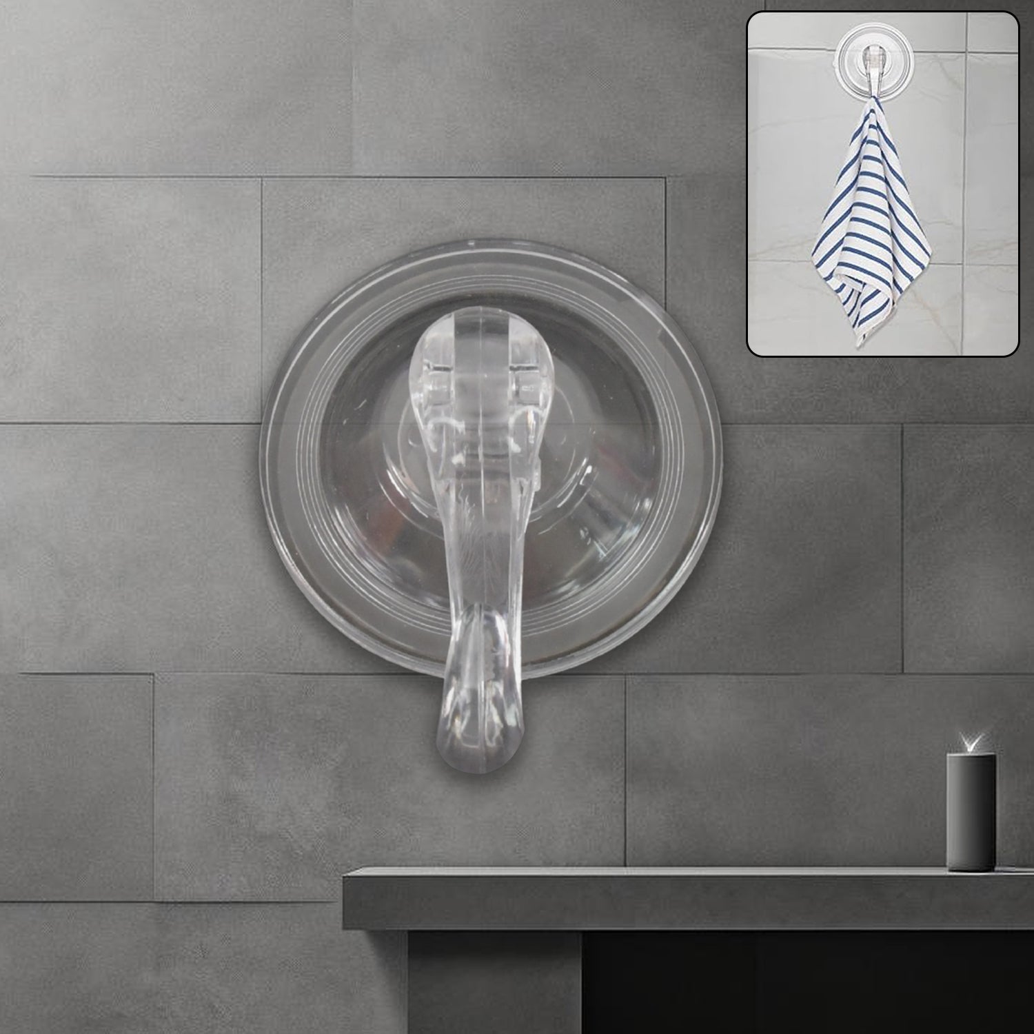 Heavy duty plastic suction cup hook attached to glass surface