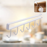 Metal under-shelf rack with 6 hooks, shown holding coffee mugs