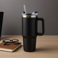Premium insulated stainless steel travel mug with handle and lid