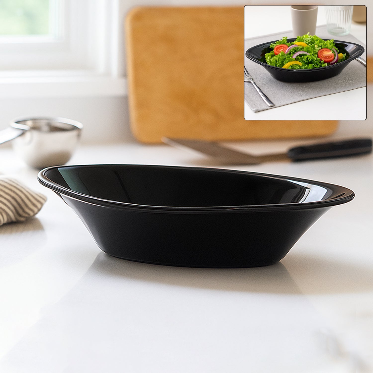 Elegant black oval deep plastic serving bowl