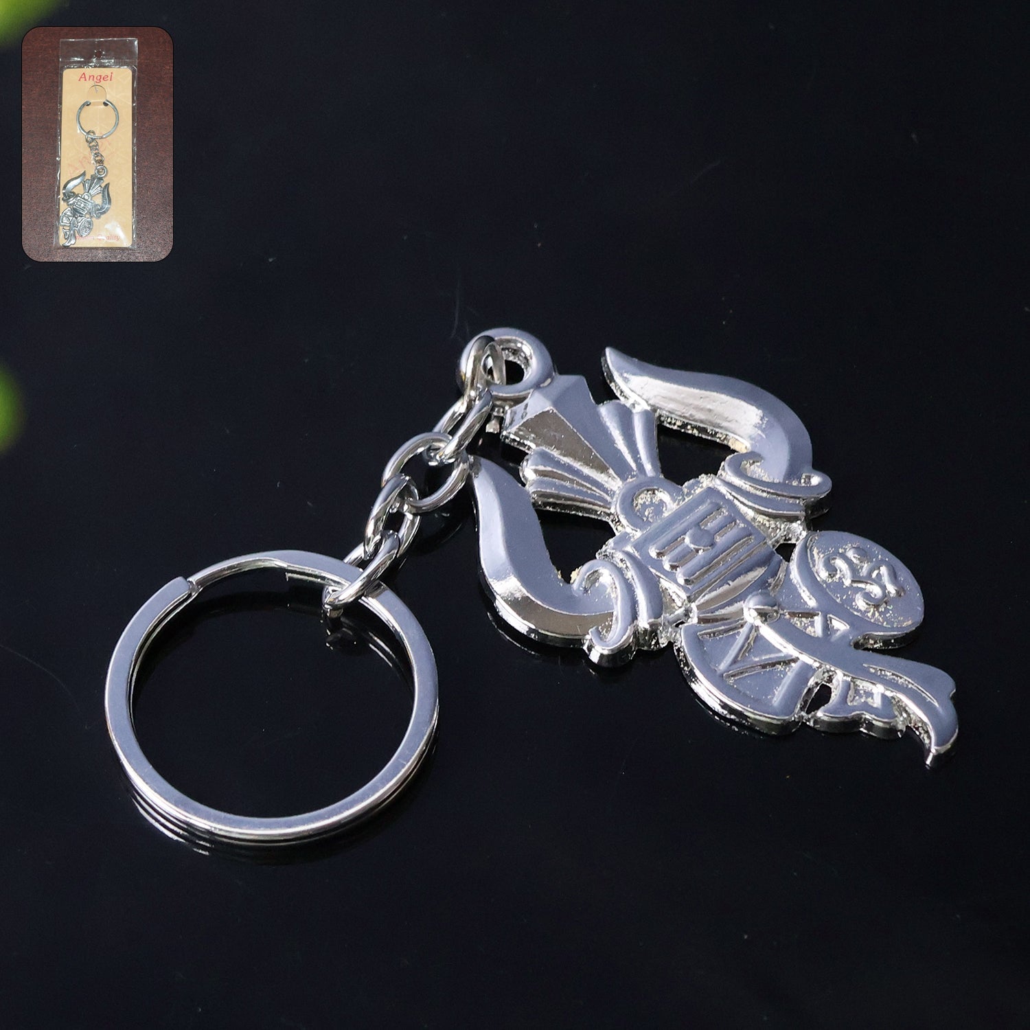 Trishul Damru Shiv Symbol Silver Metal Keychain on white background