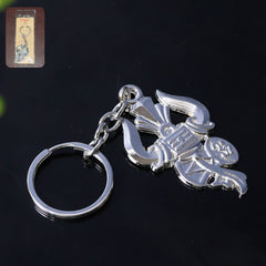 Trishul Damru Shiv Symbol Silver Metal Keychain on white background