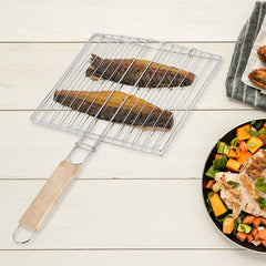 Foldable barbecue grill mesh wire net with wooden handle