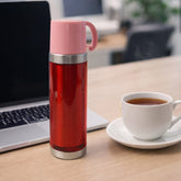 Insulated travel mug bottle with handle showing front view