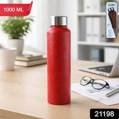 Red stainless steel water bottle with screw cap