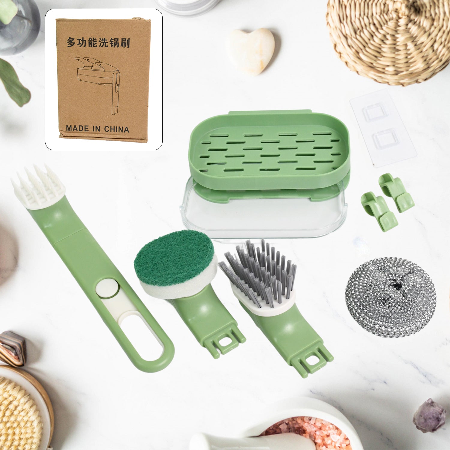 Dish brush set with handle and replacement heads in kitchen