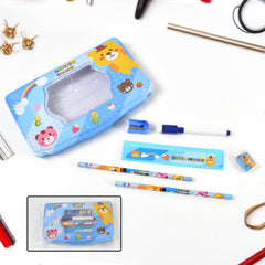 Close-up of metal cartoon printed compass box for kids