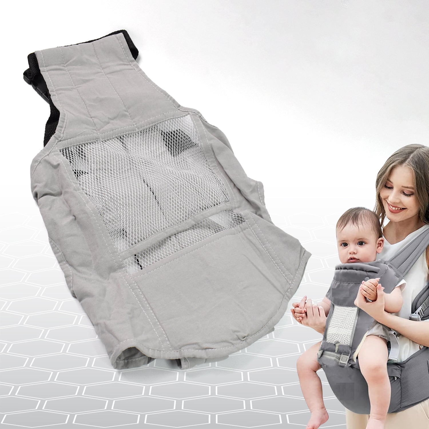 Ergonomic baby carrier with hip seat, front view