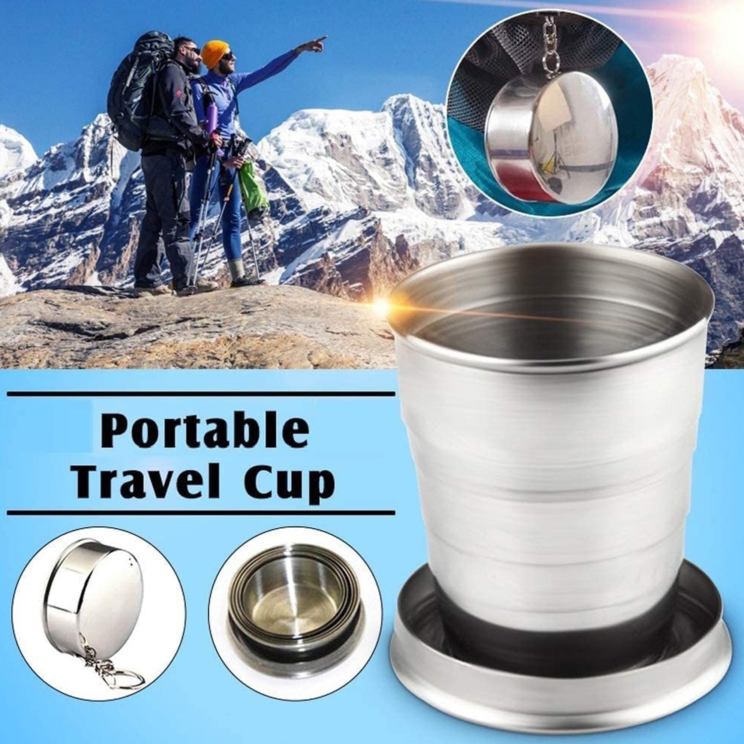2-in-1 stainless steel camping folding cup with keychain folded on white background