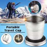 2-in-1 stainless steel camping folding cup with keychain folded on white background