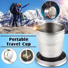 2-in-1 stainless steel camping folding cup with keychain folded on white background