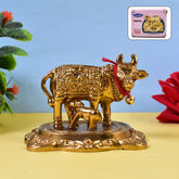 Golden Metal Kamdhenu Cow with Calf Showpiece