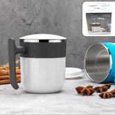 Front view of insulated stainless steel coffee mug with lid.