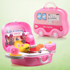 Happy children playing with 23-piece portable kitchen toy set